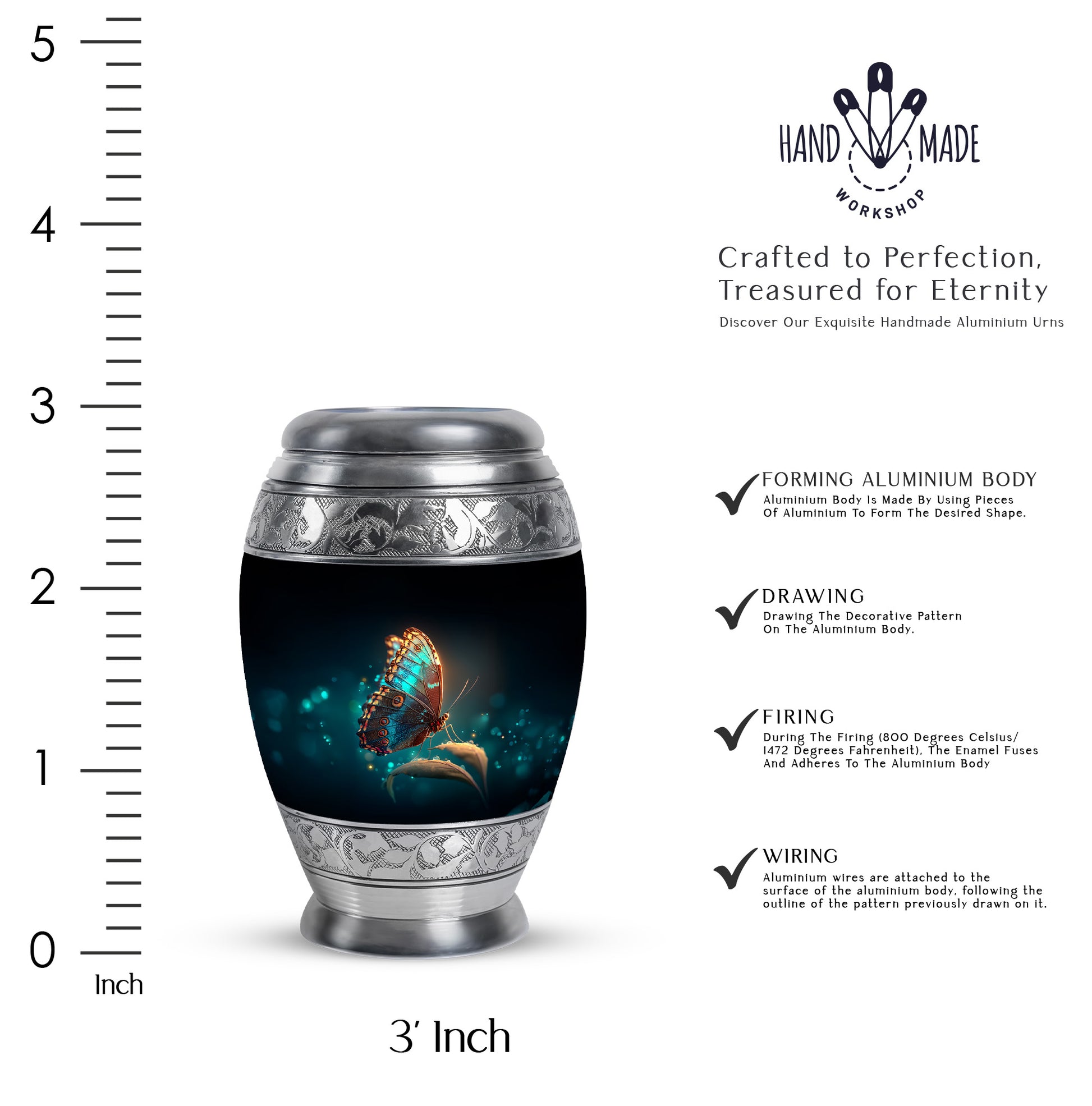 Rich Black Butterfly Cremation Urn lifestyle display on memorial shelf - regal butterfly design with crown-inspired accents - mini keepsake memorial for portion of cremation ashes