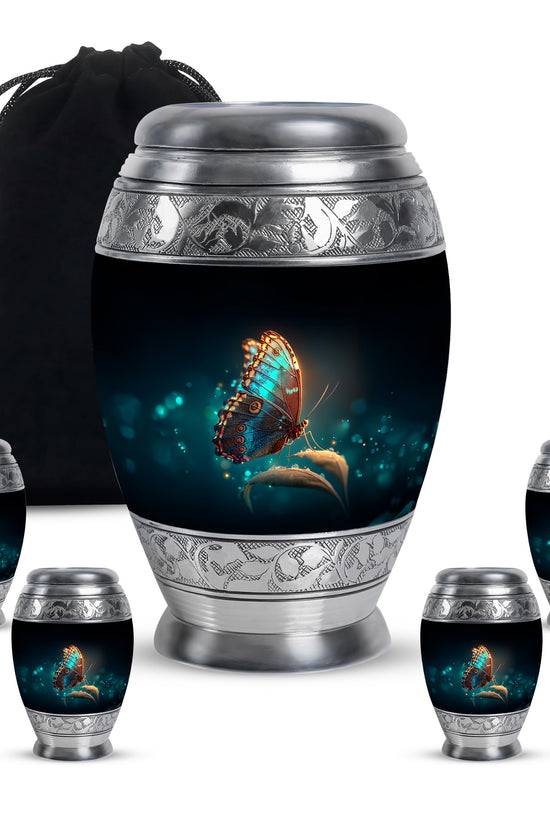 Dark Black Butterfly Cremation Urn detail view - royal butterfly engraving with decorative scrollwork - memorial set with one large and four small urns