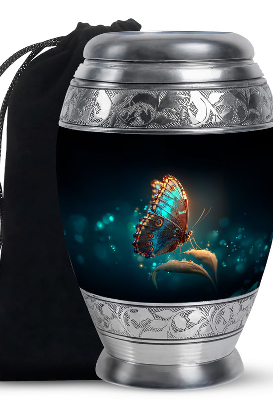 Rich Black Butterfly Cremation Urn back view with polished surface - regal butterfly design with crown-inspired accents - full-size 10 inch 200 cubic inch adult cremation urn