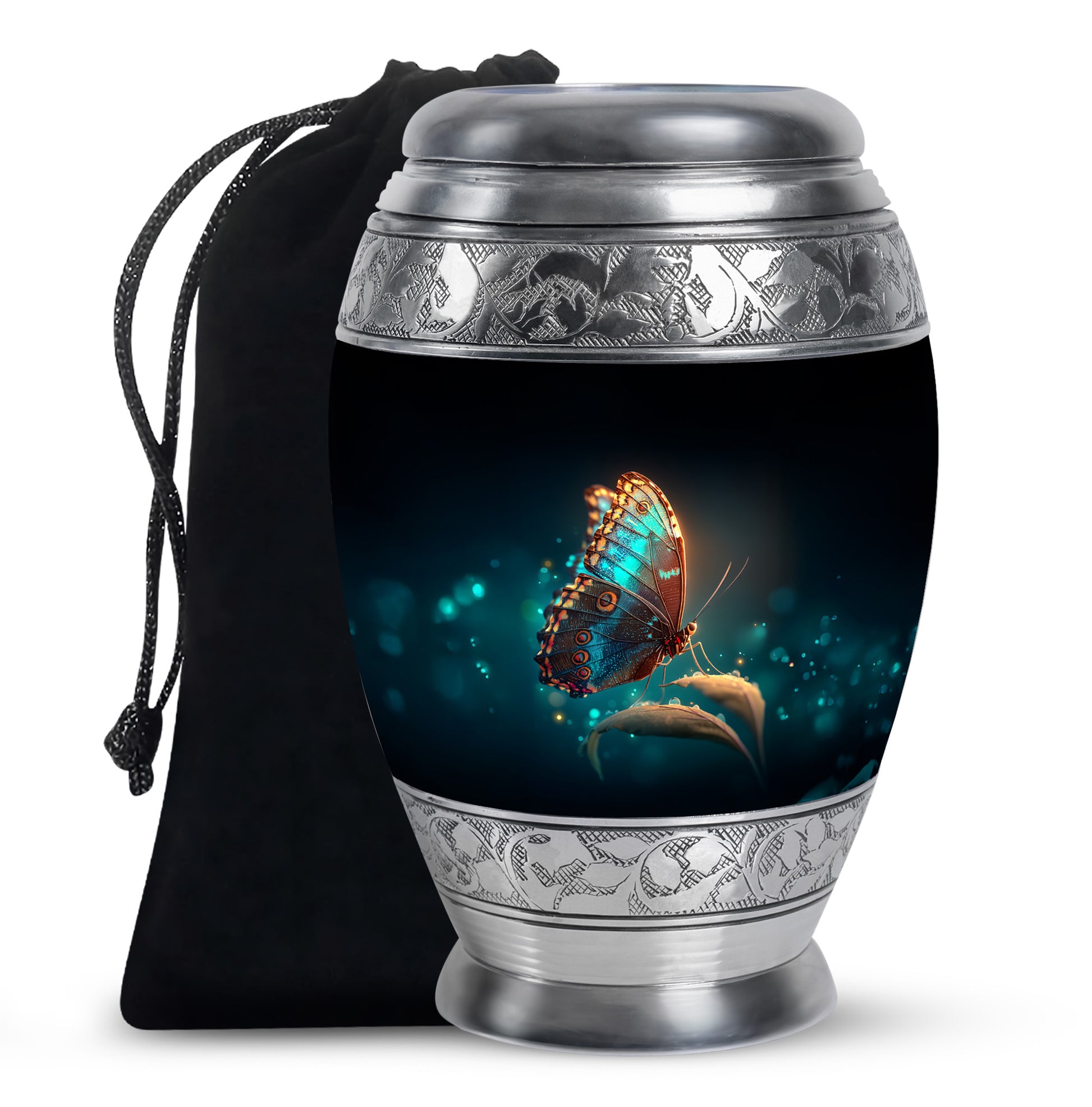 Rich Black Butterfly Cremation Urn back view with polished surface - regal butterfly design with crown-inspired accents - full-size 10 inch 200 cubic inch adult cremation urn