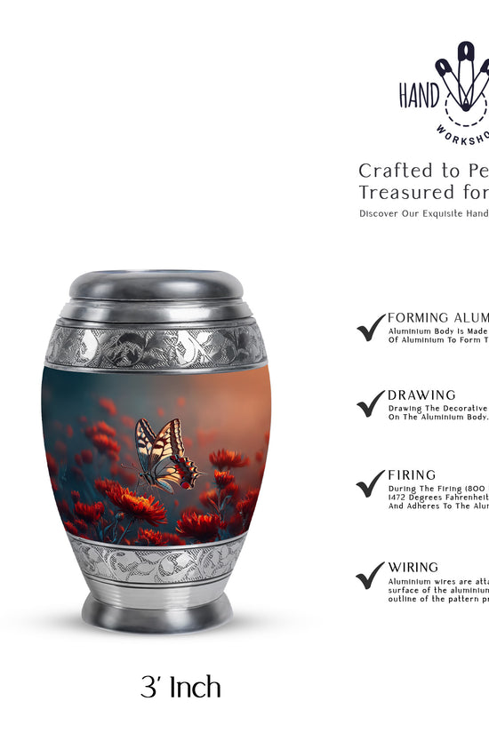 Indigo Butterfly Cremation Urn lifestyle display on memorial shelf - ornate monarch-style butterfly relief on brushed aluminum - mini keepsake memorial for portion of cremation ashes