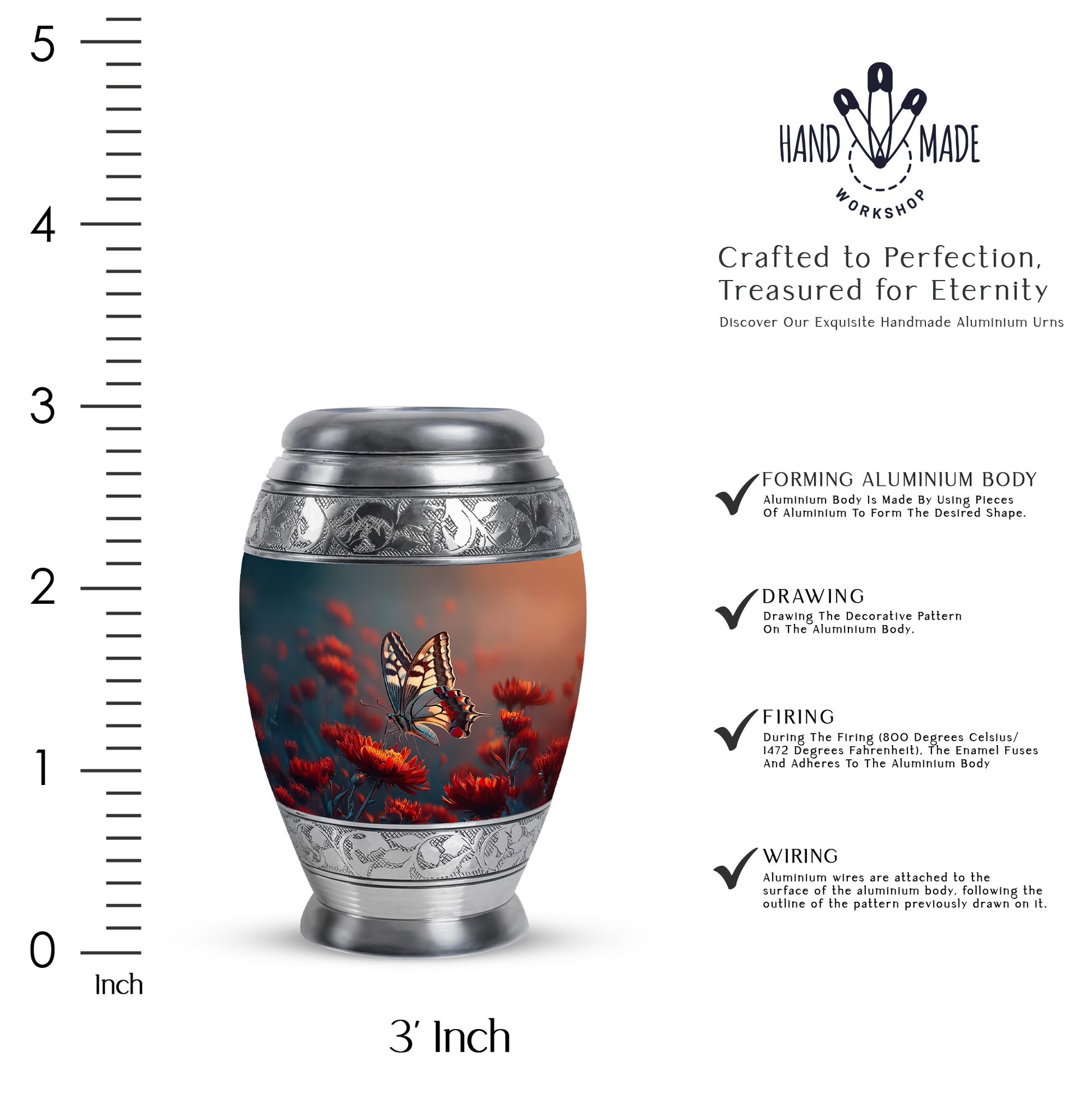 Indigo Butterfly Cremation Urn lifestyle display on memorial shelf - ornate monarch-style butterfly relief on brushed aluminum - mini keepsake memorial for portion of cremation ashes