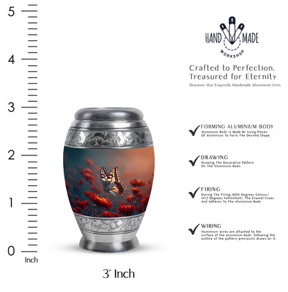 Indigo Butterfly Cremation Urn lifestyle display on memorial shelf - ornate monarch-style butterfly relief on brushed aluminum - mini keepsake memorial for portion of cremation ashes