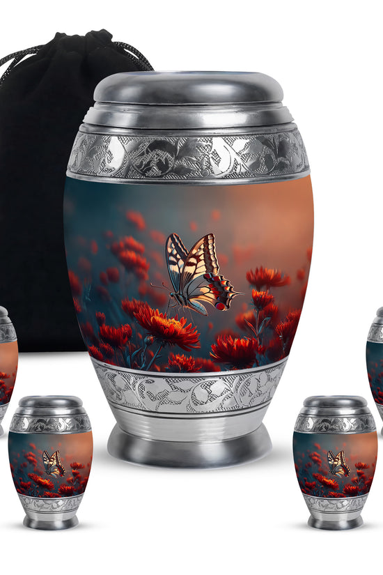 Serene Blue Butterfly Cremation Urn detail view - majestic butterfly pattern with filigree border - memorial set with one large and four small urns