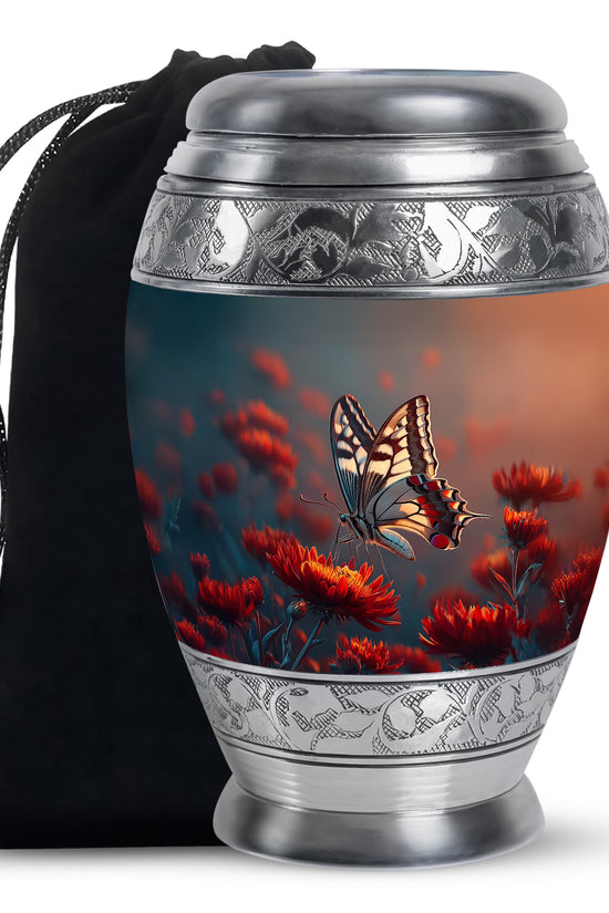 Twilight Blue Butterfly Cremation Urn back view with polished surface - majestic butterfly pattern with filigree border - full-size 10 inch 200 cubic inch adult cremation urn
