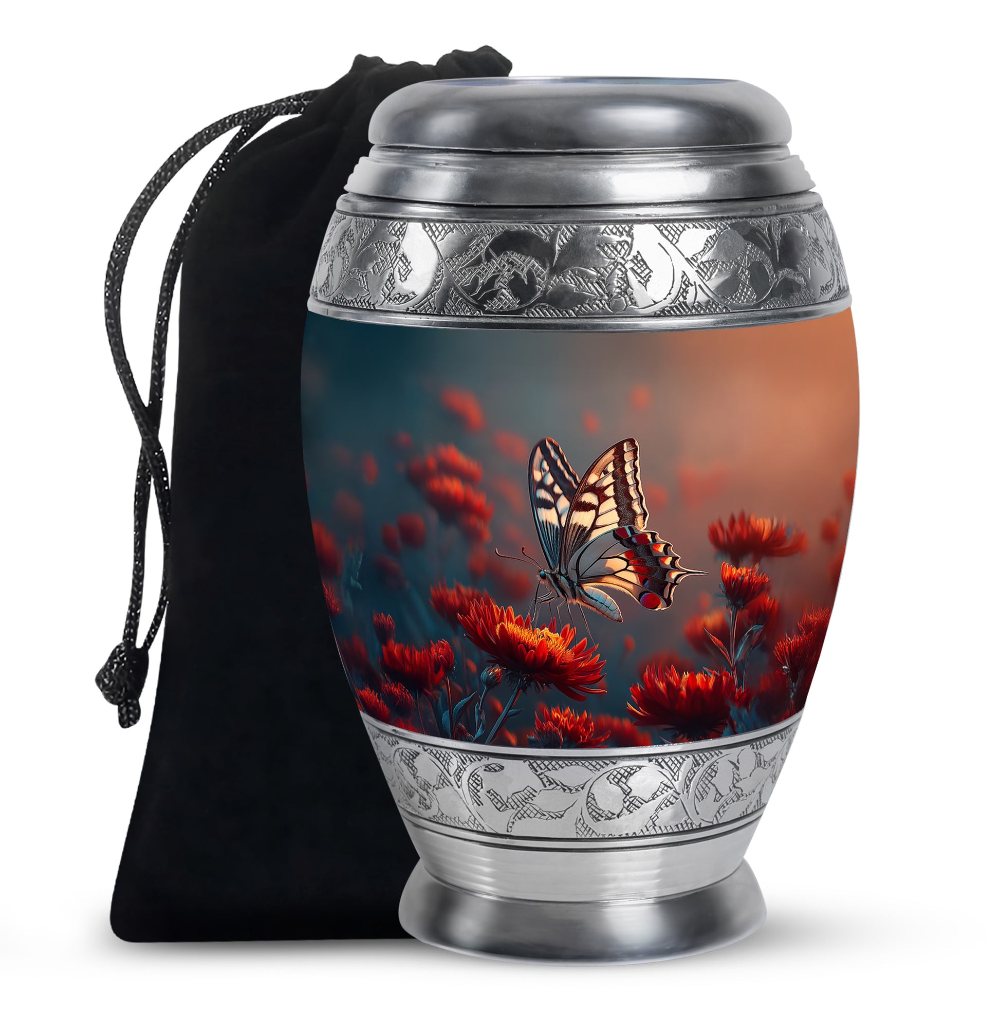 Twilight Blue Butterfly Cremation Urn back view with polished surface - majestic butterfly pattern with filigree border - full-size 10 inch 200 cubic inch adult cremation urn