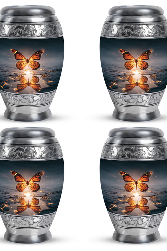 Celestial Blue Butterfly Cremation Urn urn with complimentary velvet bag - ornate monarch-style butterfly relief on brushed aluminum - 10 inch aluminum urn for cremated remains