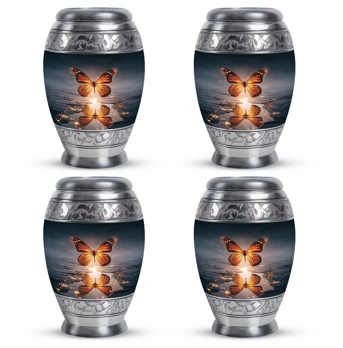Celestial Blue Butterfly Cremation Urn urn with complimentary velvet bag - ornate monarch-style butterfly relief on brushed aluminum - 10 inch aluminum urn for cremated remains