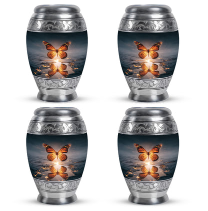 Celestial Blue Butterfly Cremation Urn urn with complimentary velvet bag - ornate monarch-style butterfly relief on brushed aluminum - 10 inch aluminum urn for cremated remains