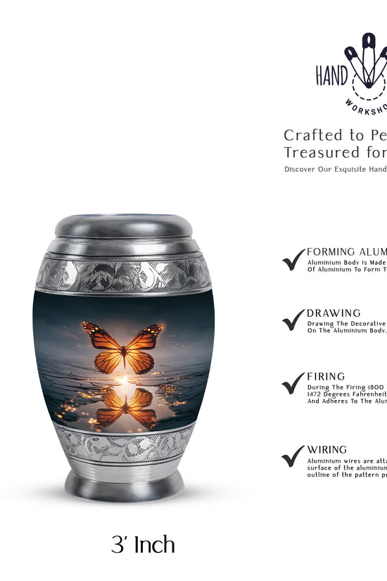 Steel Blue Butterfly Cremation Urn lifestyle display on memorial shelf - majestic butterfly pattern with filigree border - mini keepsake memorial for portion of cremation ashes