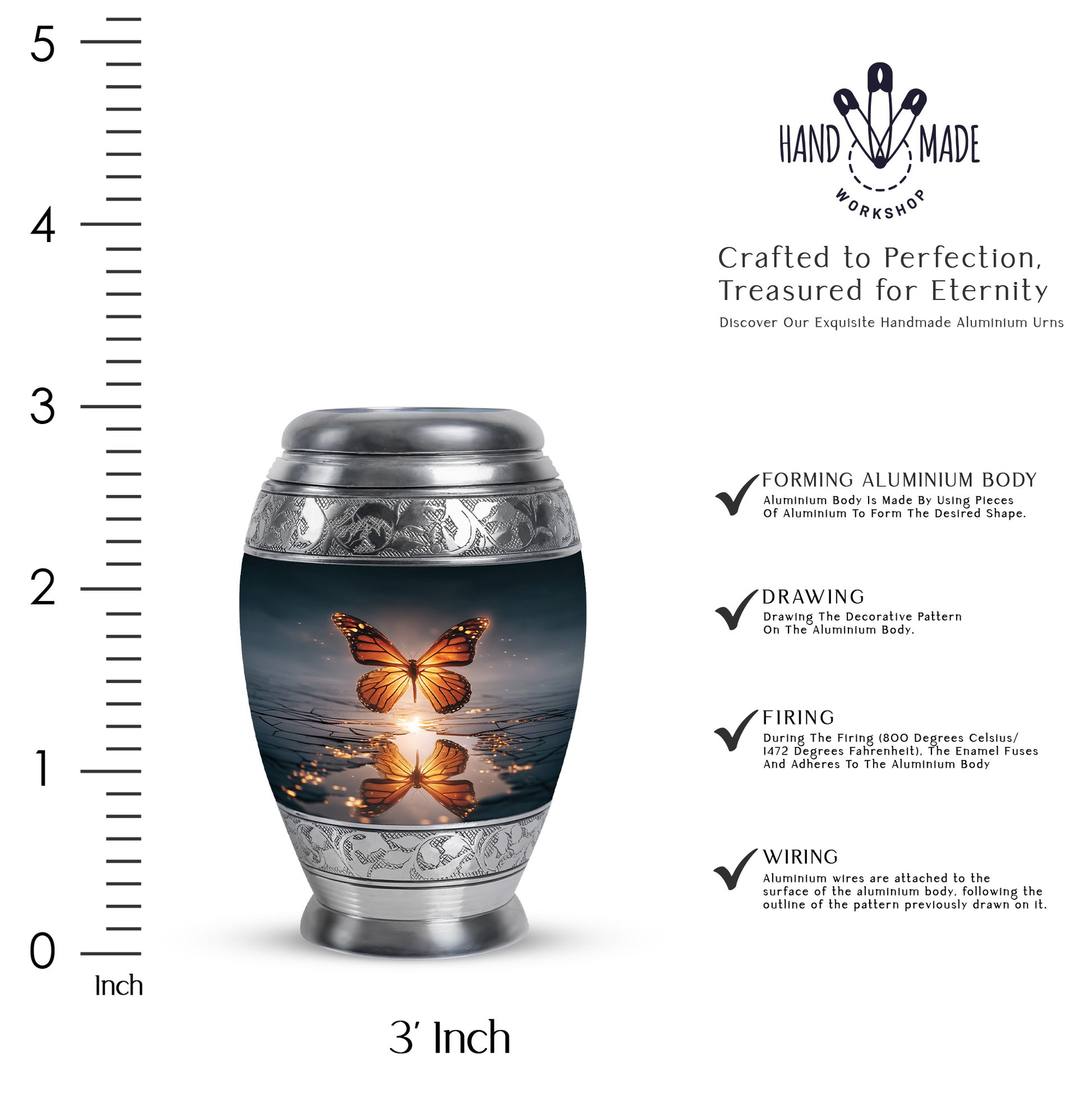 Steel Blue Butterfly Cremation Urn lifestyle display on memorial shelf - majestic butterfly pattern with filigree border - mini keepsake memorial for portion of cremation ashes