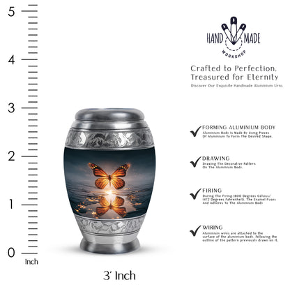 Steel Blue Butterfly Cremation Urn lifestyle display on memorial shelf - majestic butterfly pattern with filigree border - mini keepsake memorial for portion of cremation ashes