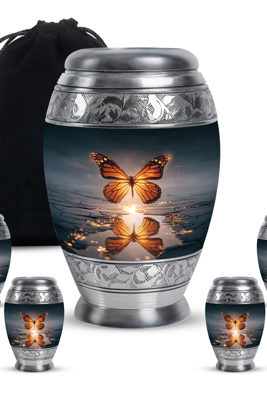 Bright Blue Butterfly Cremation Urn detail view - royal butterfly engraving with decorative scrollwork - memorial set with one large and four small urns