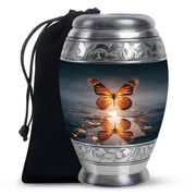 Misty Blue Butterfly Cremation Urn back view with polished surface - regal butterfly design with crown-inspired accents - full-size 10 inch 200 cubic inch adult cremation urn