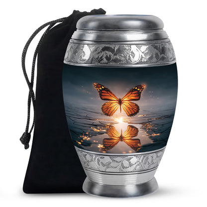 Misty Blue Butterfly Cremation Urn back view with polished surface - regal butterfly design with crown-inspired accents - full-size 10 inch 200 cubic inch adult cremation urn