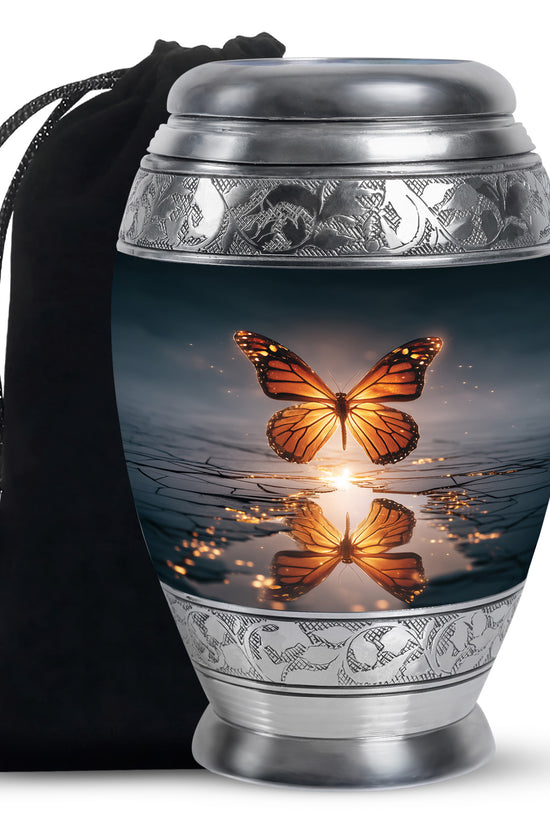 Misty Blue Butterfly Cremation Urn back view with polished surface - regal butterfly design with crown-inspired accents - full-size 10 inch 200 cubic inch adult cremation urn