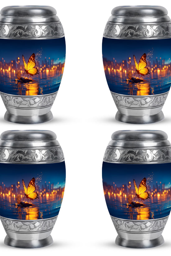 Vivid Blue Butterfly Cremation Urn urn with complimentary velvet bag - majestic butterfly pattern with filigree border - 10 inch aluminum urn for cremated remains