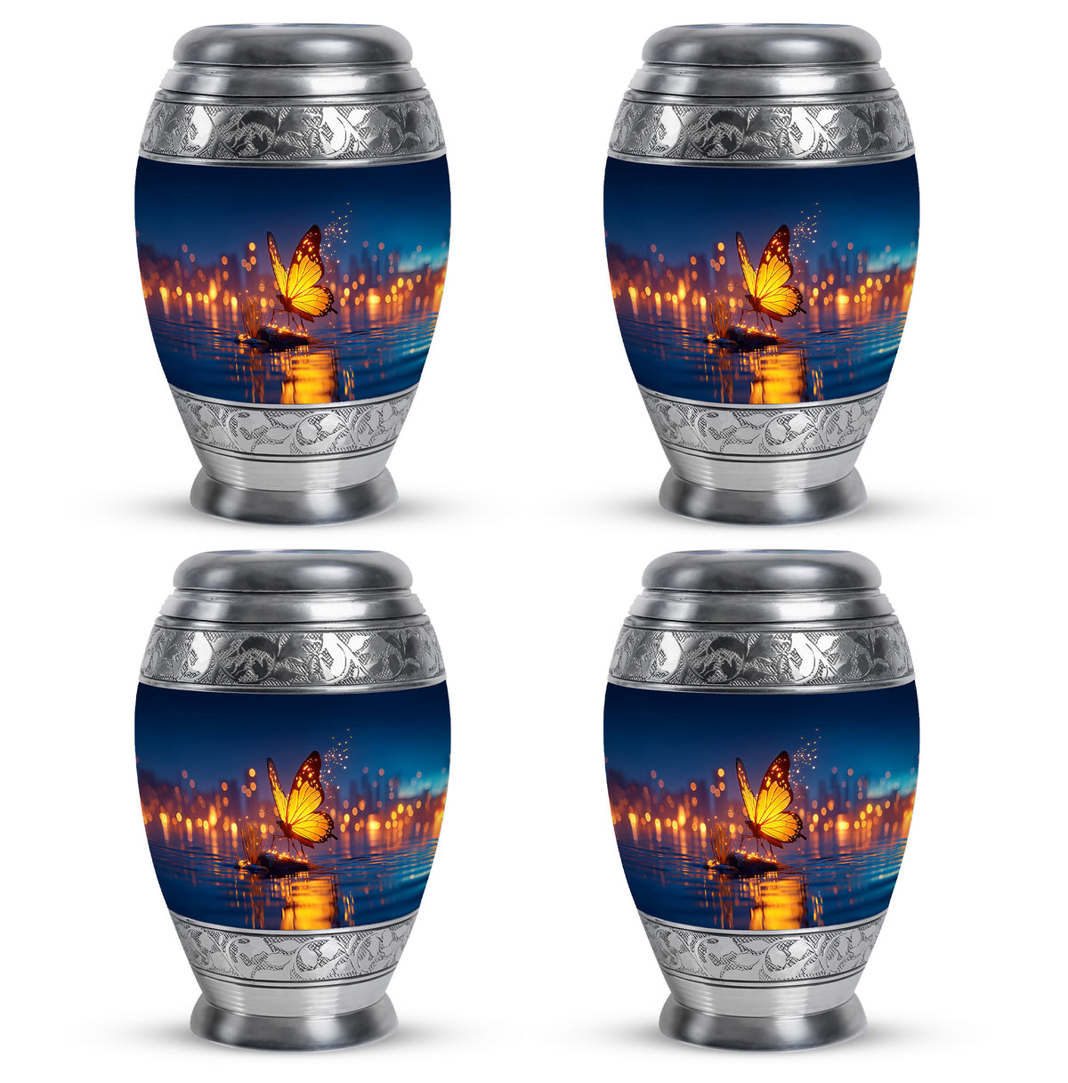 Vivid Blue Butterfly Cremation Urn urn with complimentary velvet bag - majestic butterfly pattern with filigree border - 10 inch aluminum urn for cremated remains