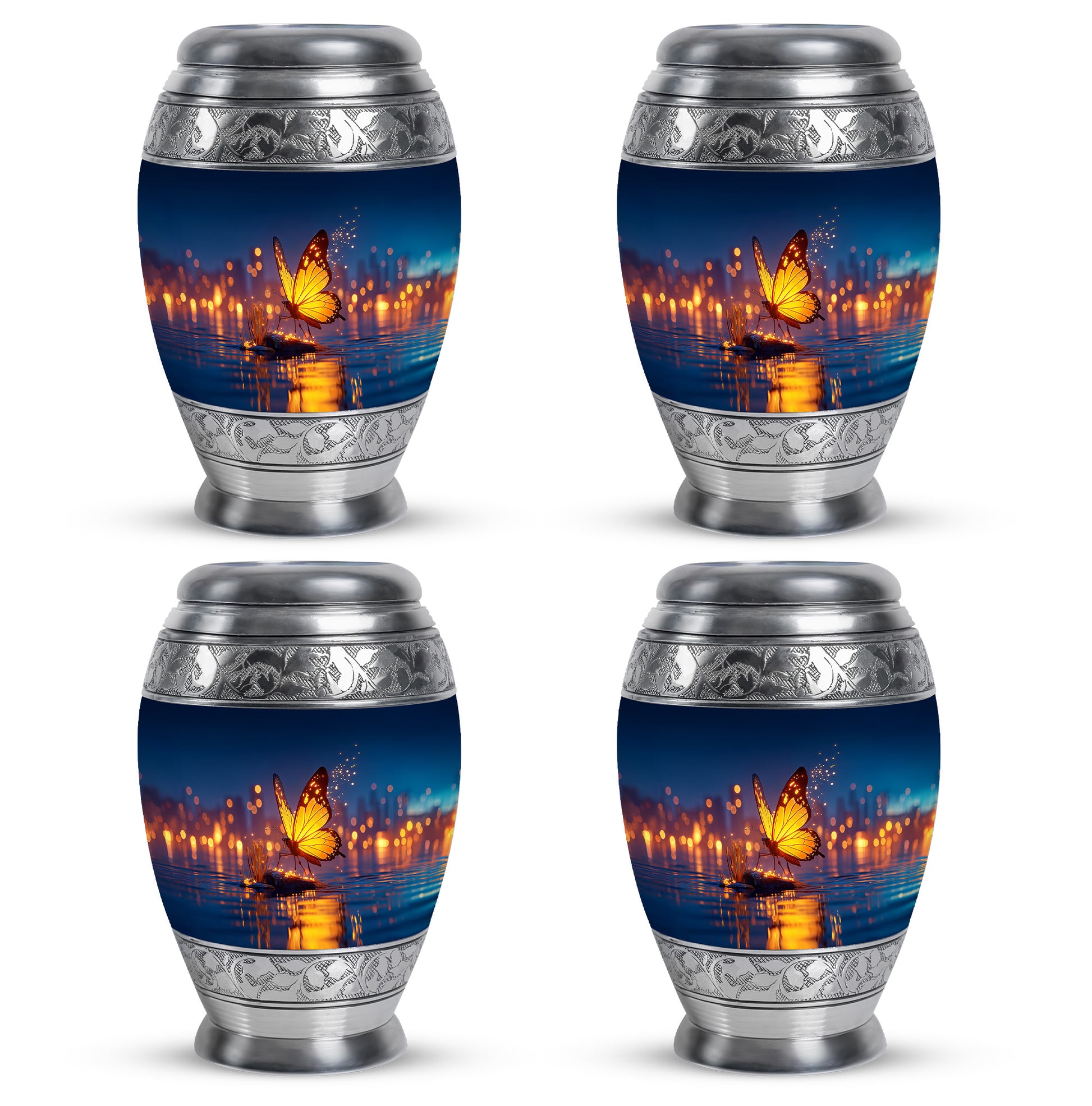 Vivid Blue Butterfly Cremation Urn urn with complimentary velvet bag - majestic butterfly pattern with filigree border - 10 inch aluminum urn for cremated remains