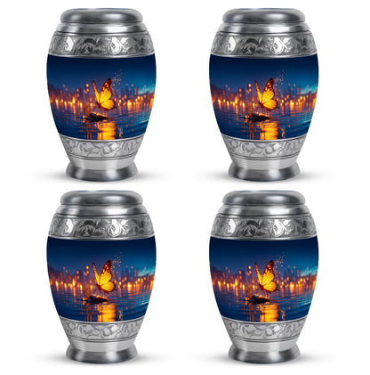Vivid Blue Butterfly Cremation Urn urn with complimentary velvet bag - majestic butterfly pattern with filigree border - 10 inch aluminum urn for cremated remains