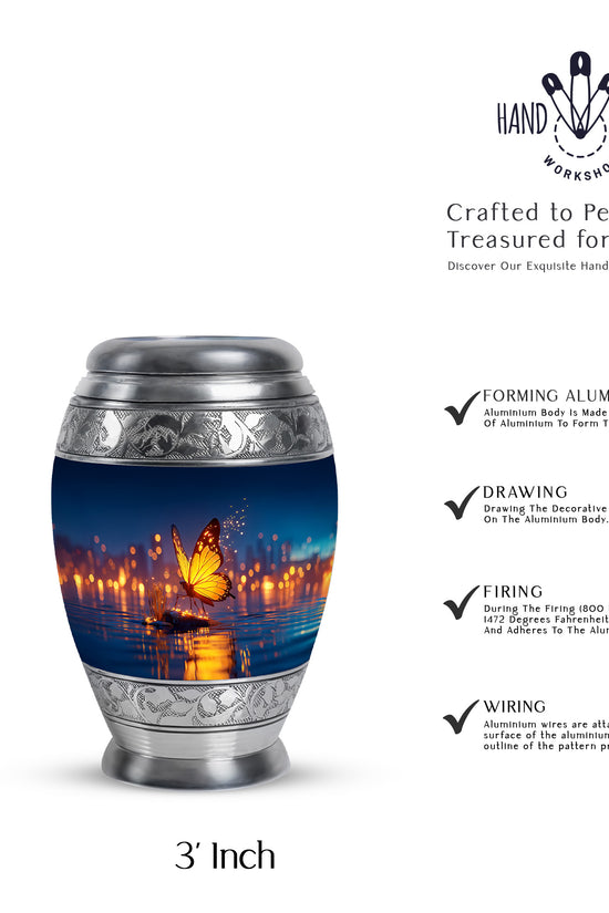 Sapphire Blue Butterfly Cremation Urn lifestyle display on memorial shelf - majestic butterfly pattern with filigree border - mini keepsake memorial for portion of cremation ashes