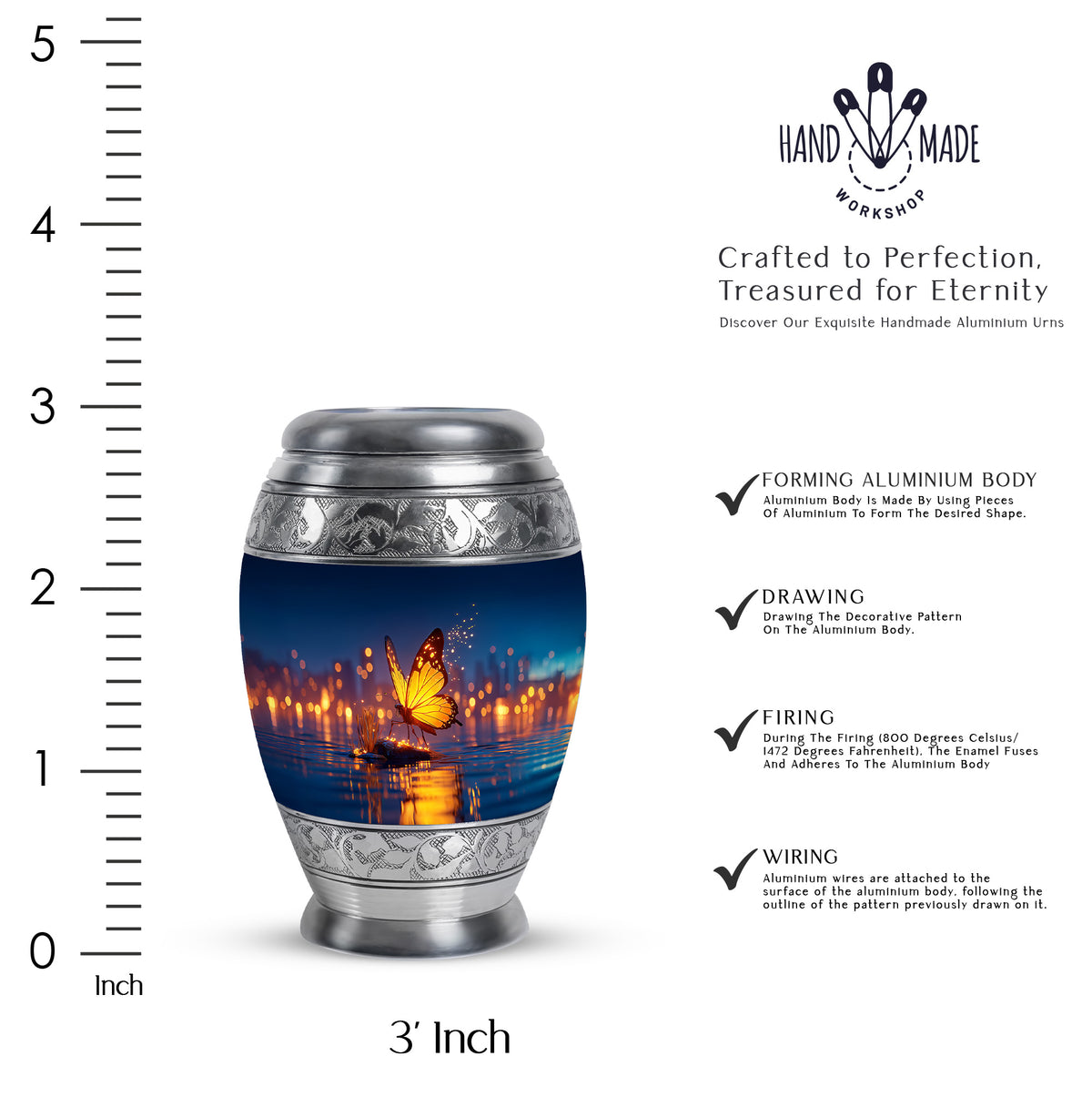 Sapphire Blue Butterfly Cremation Urn lifestyle display on memorial shelf - majestic butterfly pattern with filigree border - mini keepsake memorial for portion of cremation ashes