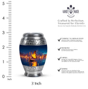 Sapphire Blue Butterfly Cremation Urn lifestyle display on memorial shelf - majestic butterfly pattern with filigree border - mini keepsake memorial for portion of cremation ashes