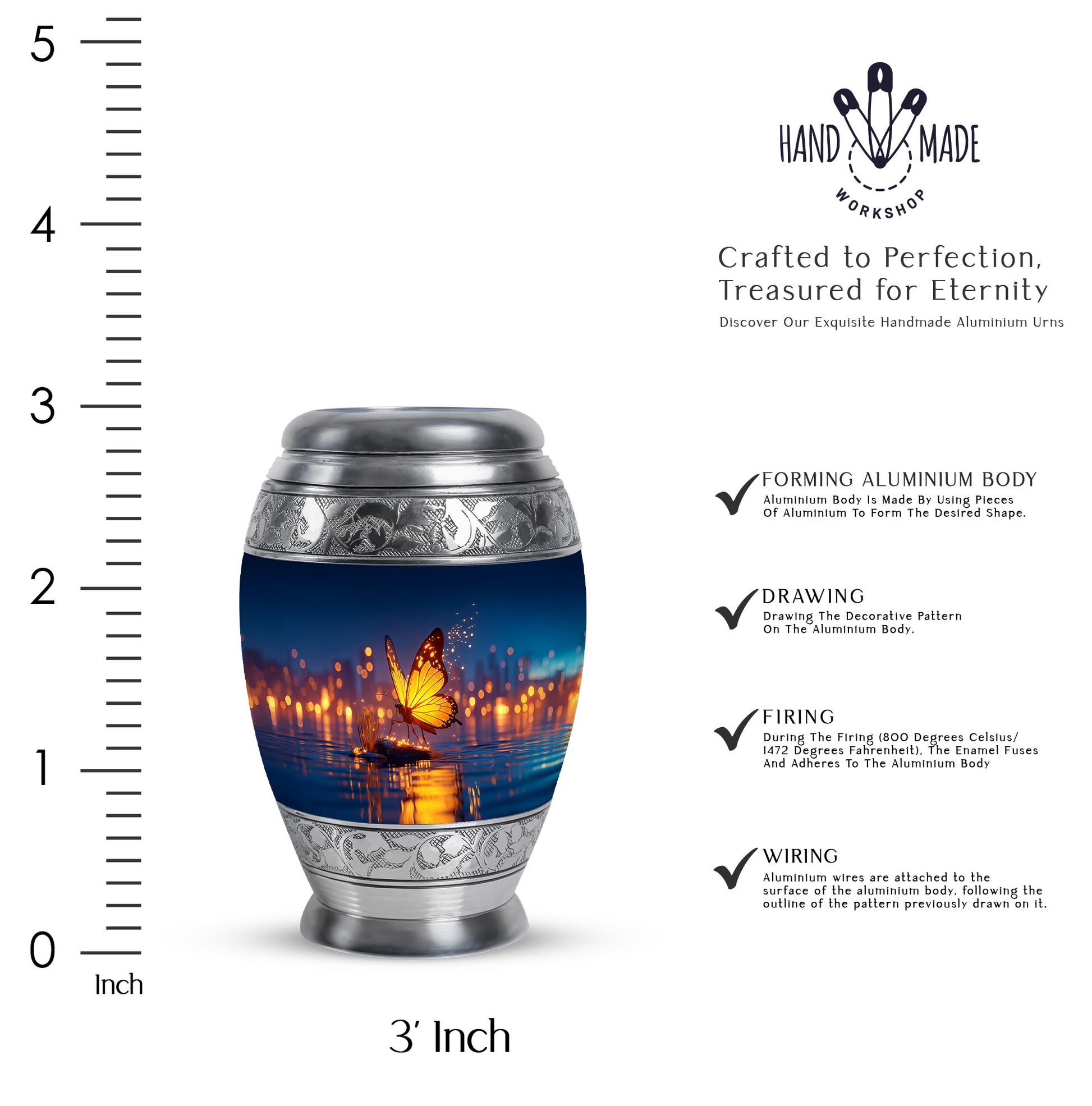 Sapphire Blue Butterfly Cremation Urn lifestyle display on memorial shelf - majestic butterfly pattern with filigree border - mini keepsake memorial for portion of cremation ashes