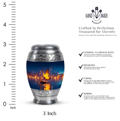 Sapphire Blue Butterfly Cremation Urn lifestyle display on memorial shelf - majestic butterfly pattern with filigree border - mini keepsake memorial for portion of cremation ashes