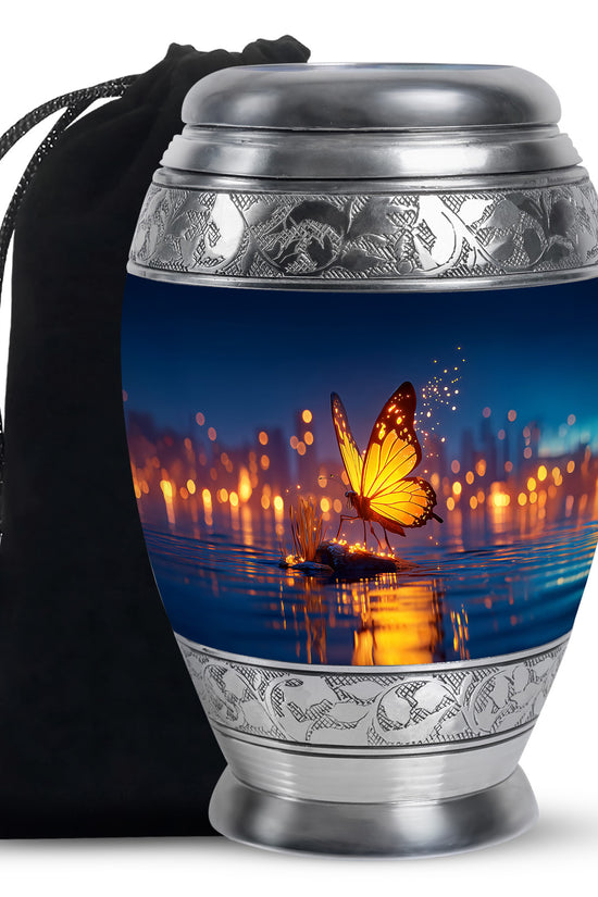 Soft Blue Butterfly Cremation Urn back view with polished surface - majestic butterfly pattern with filigree border - full-size 10 inch 200 cubic inch adult cremation urn