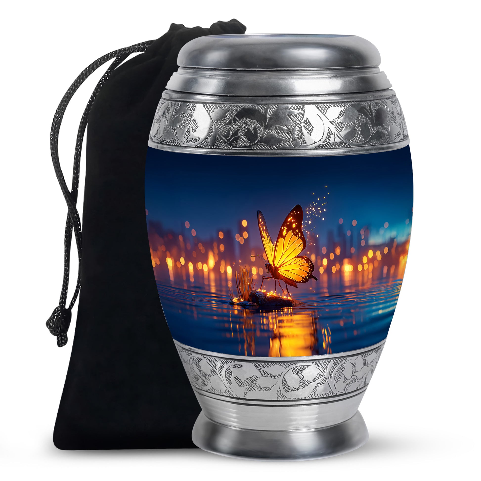 Soft Blue Butterfly Cremation Urn back view with polished surface - majestic butterfly pattern with filigree border - full-size 10 inch 200 cubic inch adult cremation urn