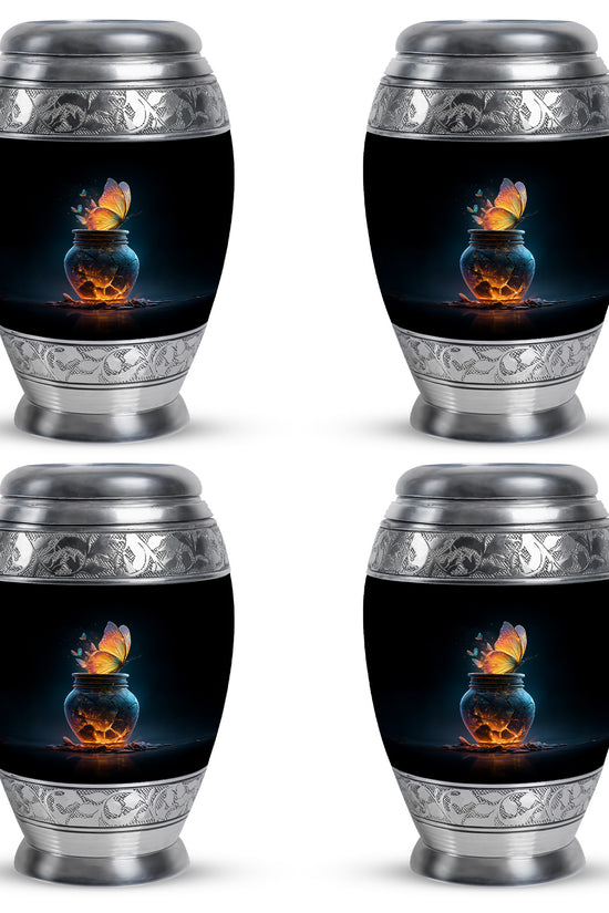 Charcoal Black Butterfly Cremation Urn urn with complimentary velvet bag - majestic butterfly pattern with filigree border - 10 inch aluminum urn for cremated remains