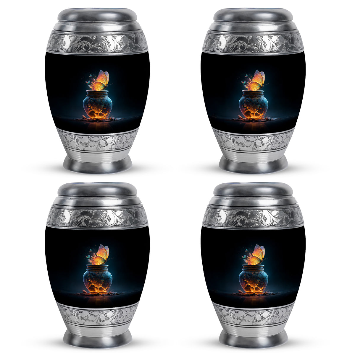 Charcoal Black Butterfly Cremation Urn urn with complimentary velvet bag - majestic butterfly pattern with filigree border - 10 inch aluminum urn for cremated remains