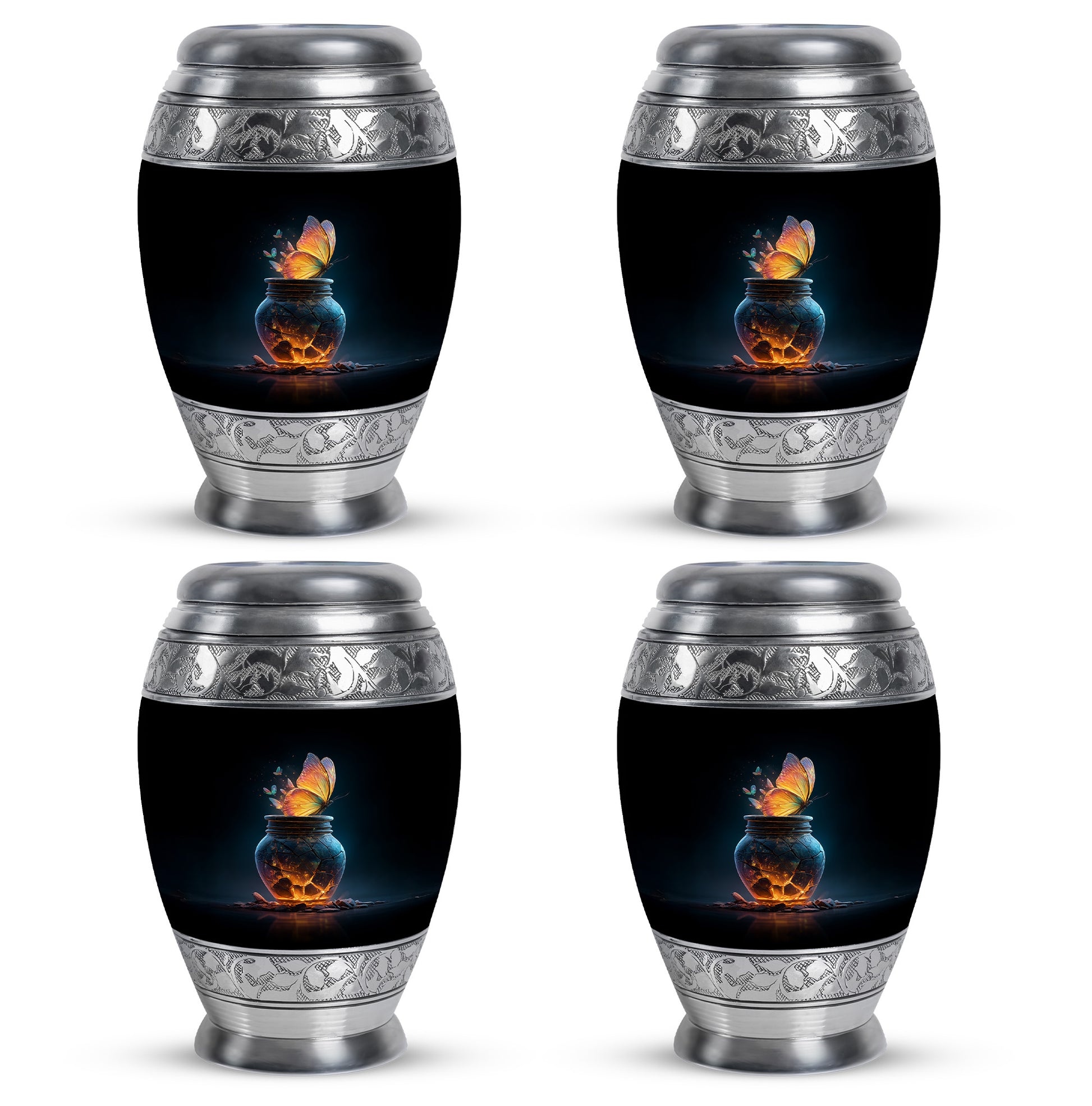 Charcoal Black Butterfly Cremation Urn urn with complimentary velvet bag - majestic butterfly pattern with filigree border - 10 inch aluminum urn for cremated remains