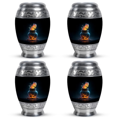 Charcoal Black Butterfly Cremation Urn urn with complimentary velvet bag - majestic butterfly pattern with filigree border - 10 inch aluminum urn for cremated remains
