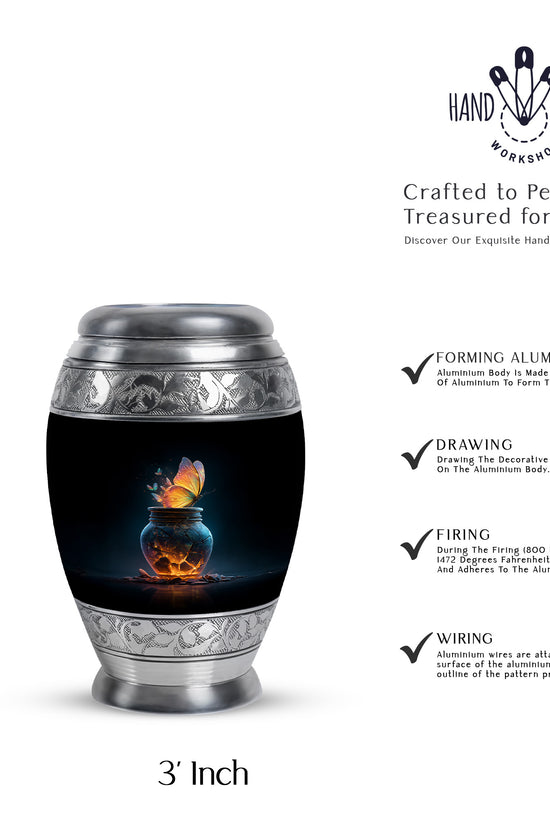 Dark Black Butterfly Cremation Urn lifestyle display on memorial shelf - royal butterfly engraving with decorative scrollwork - mini keepsake memorial for portion of cremation ashes