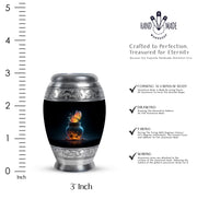 Dark Black Butterfly Cremation Urn lifestyle display on memorial shelf - royal butterfly engraving with decorative scrollwork - mini keepsake memorial for portion of cremation ashes