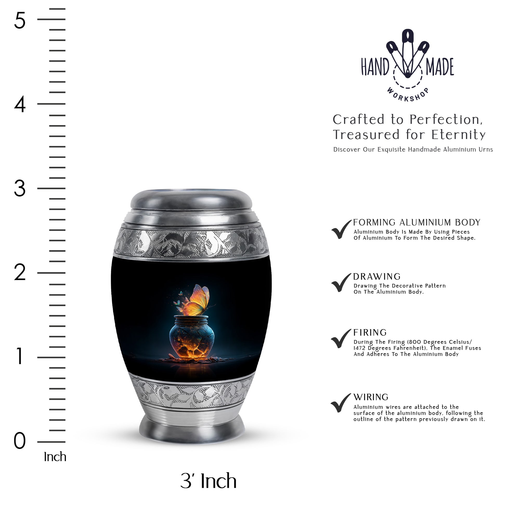 Dark Black Butterfly Cremation Urn lifestyle display on memorial shelf - royal butterfly engraving with decorative scrollwork - mini keepsake memorial for portion of cremation ashes