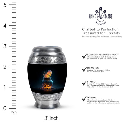 Dark Black Butterfly Cremation Urn lifestyle display on memorial shelf - royal butterfly engraving with decorative scrollwork - mini keepsake memorial for portion of cremation ashes