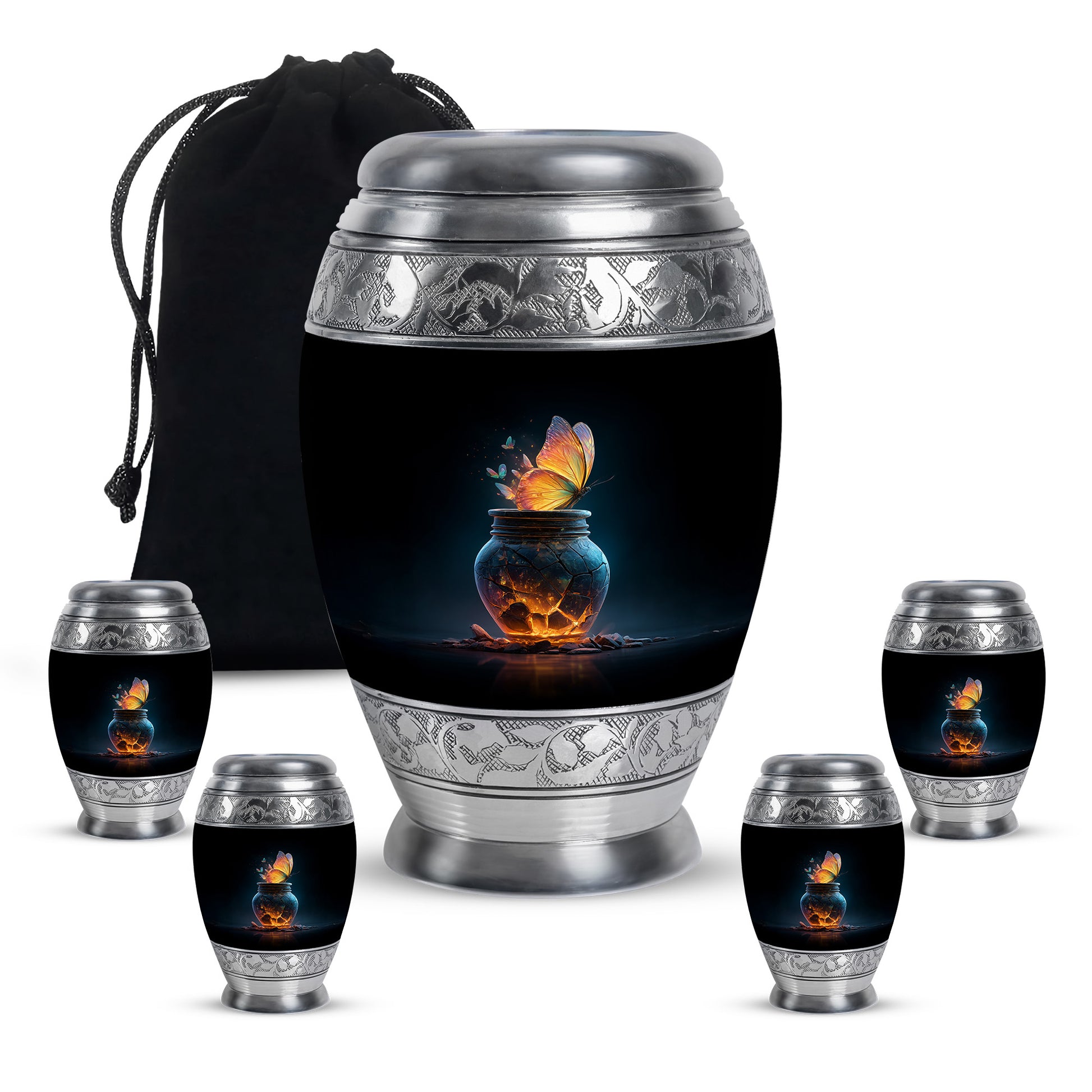 Midnight Black Butterfly Cremation Urn detail view - royal butterfly engraving with decorative scrollwork - memorial set with one large and four small urns
