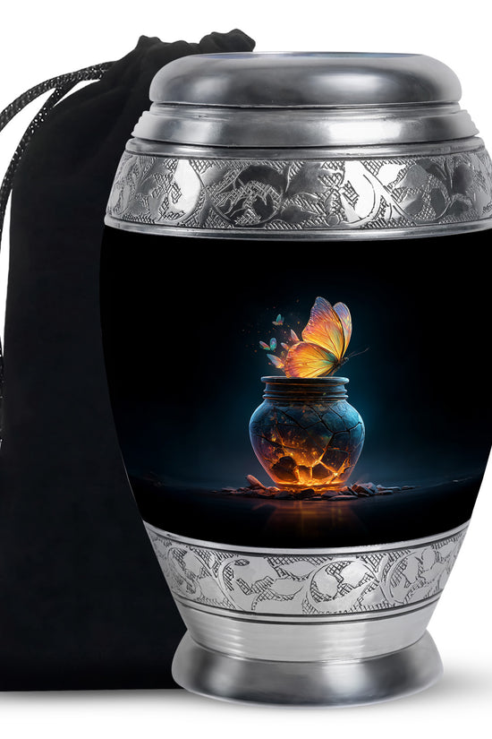 Ebony Butterfly Cremation Urn back view with polished surface - ornate monarch-style butterfly relief on brushed aluminum - full-size 10 inch 200 cubic inch adult cremation urn