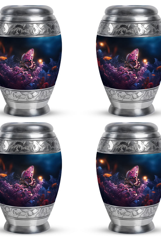 Jet Black Butterfly Cremation Urn urn with complimentary velvet bag - regal butterfly design with crown-inspired accents - 10 inch aluminum urn for cremated remains