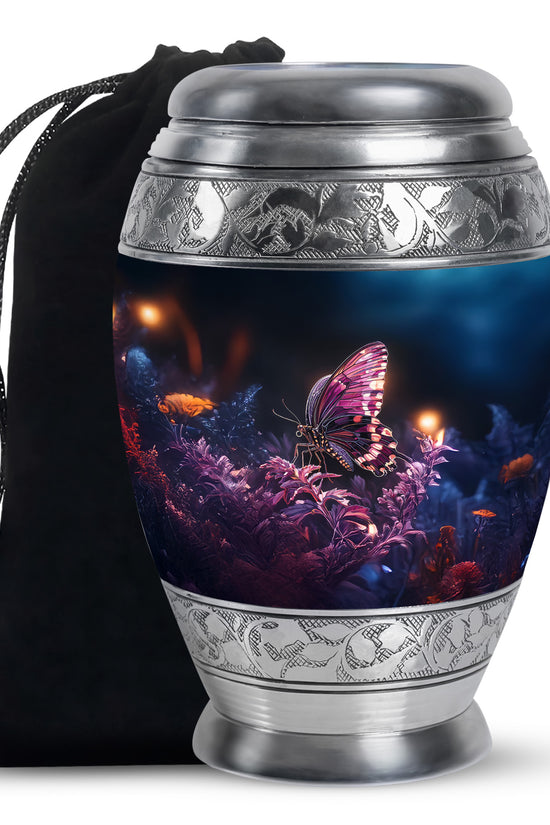Purple Butterfly Urn with Flowers – Elegant Memorial Cremation Urn