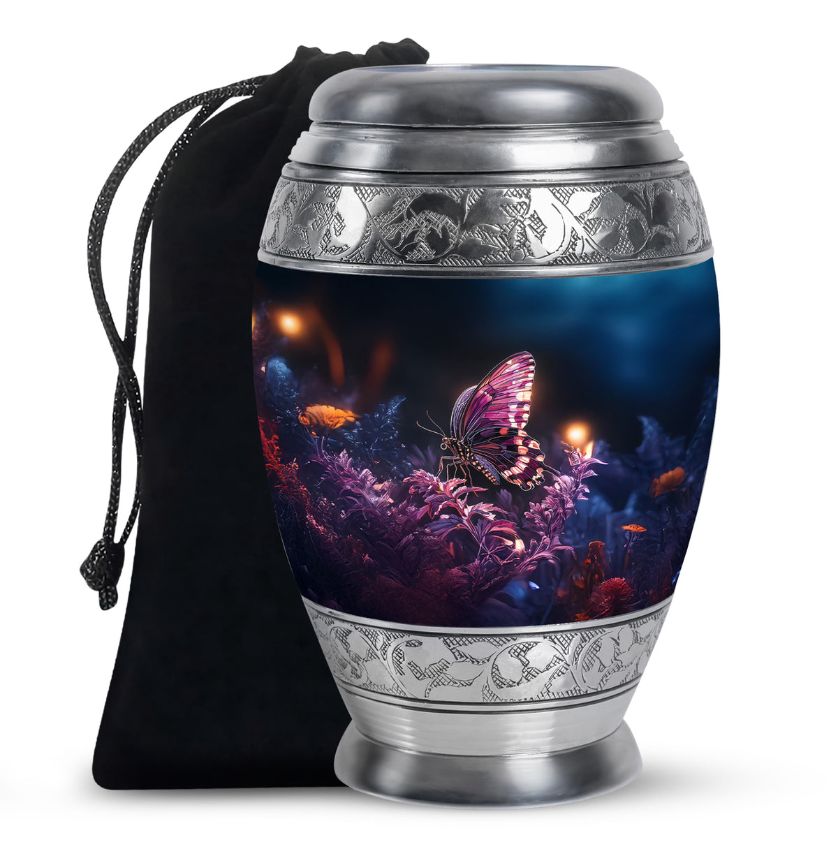 Purple Butterfly Urn with Flowers – Elegant Memorial Cremation Urn
