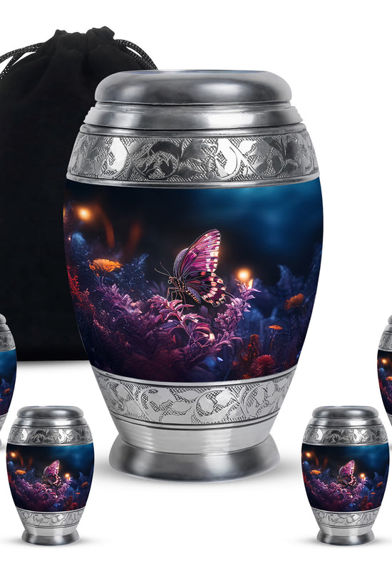 Dark Black Butterfly Cremation Urn detail view - royal butterfly engraving with decorative scrollwork - memorial set with one large and four small urns