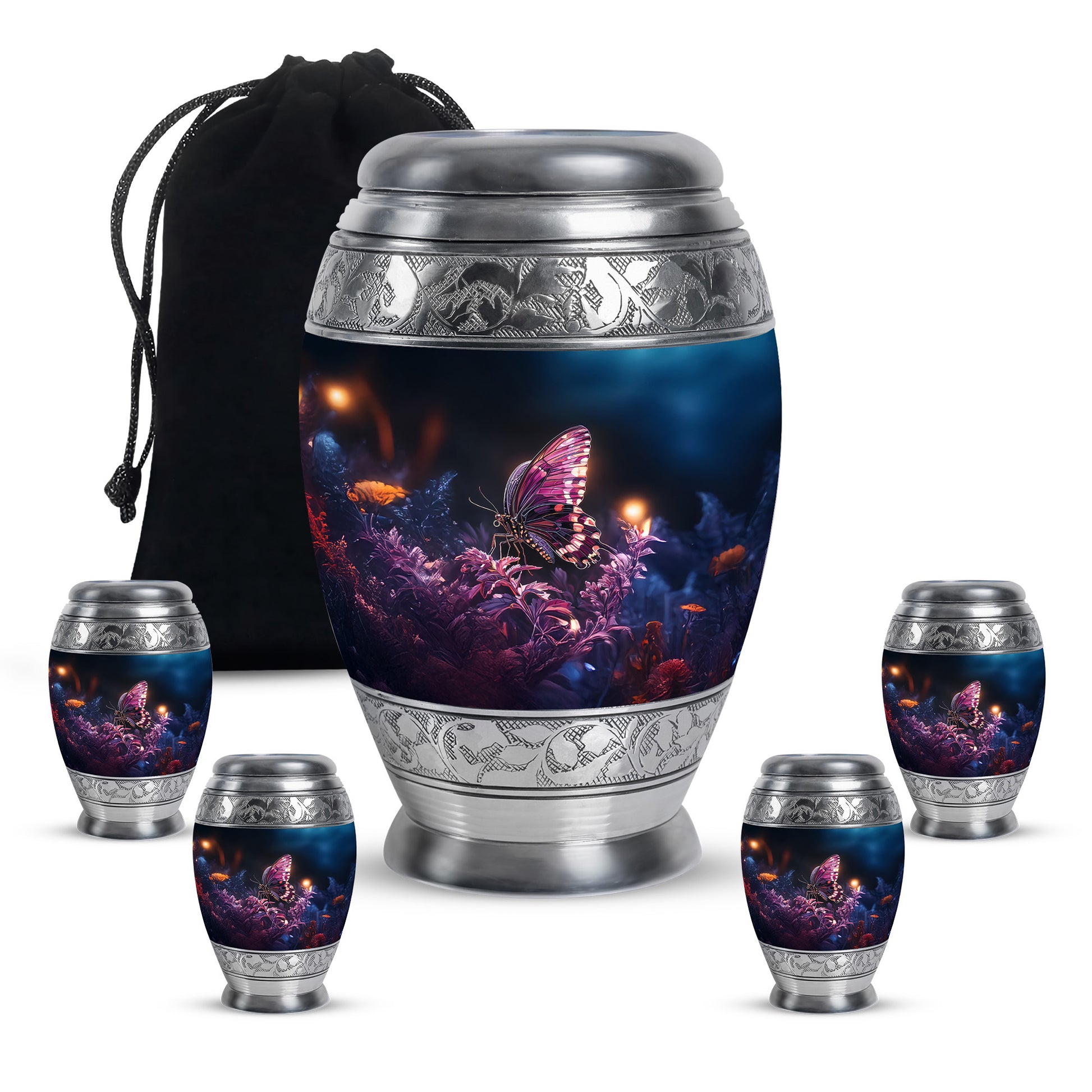 Dark Black Butterfly Cremation Urn detail view - royal butterfly engraving with decorative scrollwork - memorial set with one large and four small urns