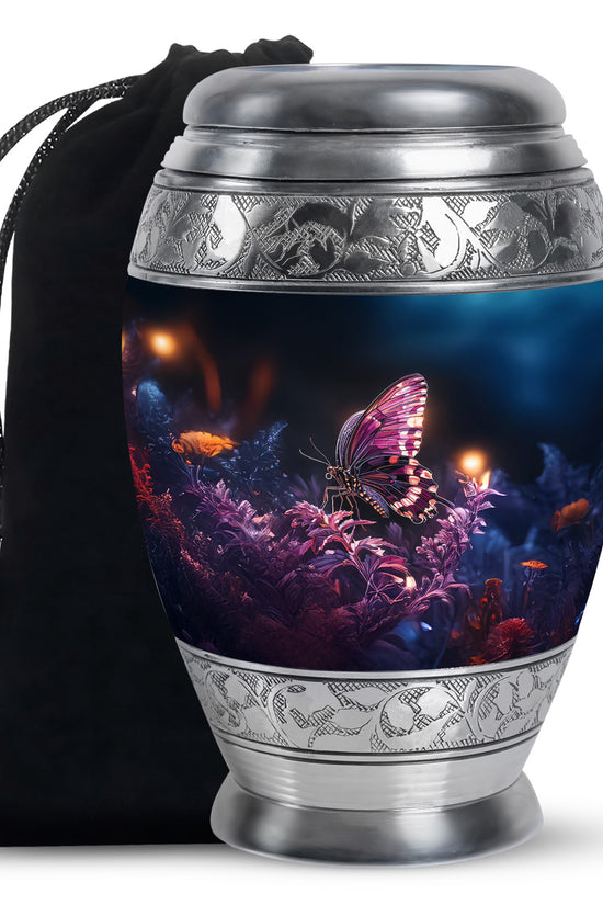 Glossy Black Butterfly Cremation Urn back view with polished surface - regal butterfly design with crown-inspired accents - full-size 10 inch 200 cubic inch adult cremation urn