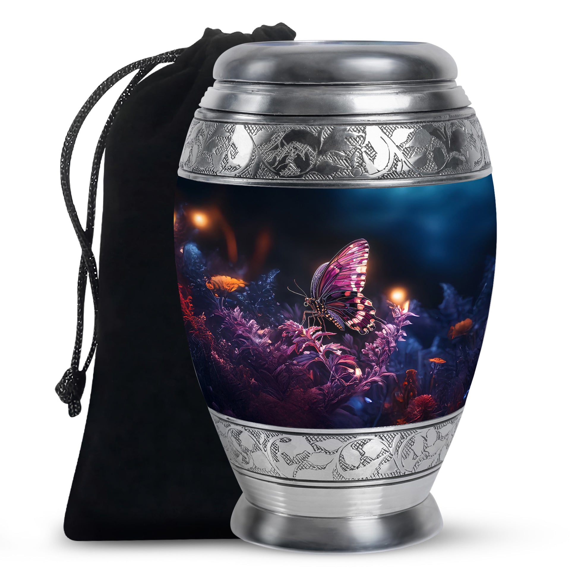 Glossy Black Butterfly Cremation Urn back view with polished surface - regal butterfly design with crown-inspired accents - full-size 10 inch 200 cubic inch adult cremation urn