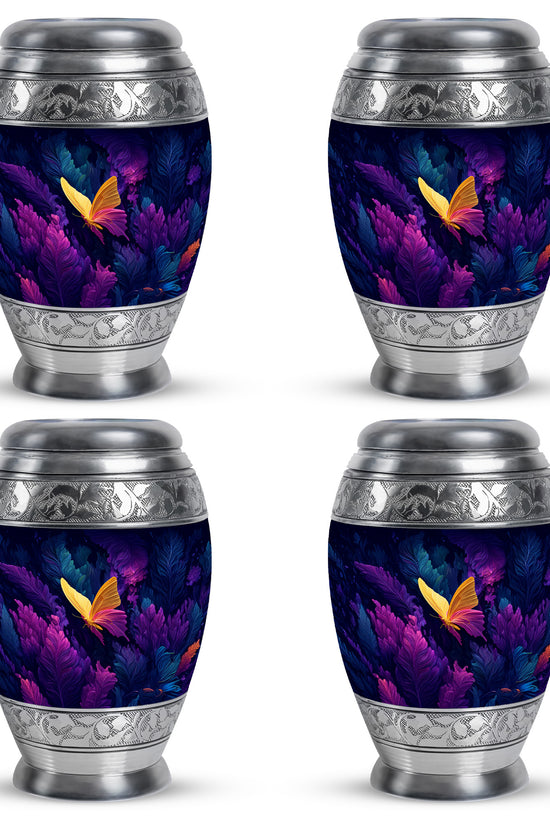 Soft Blue Butterfly Cremation Urn urn with complimentary velvet bag - royal butterfly engraving with decorative scrollwork - 10 inch aluminum urn for cremated remains