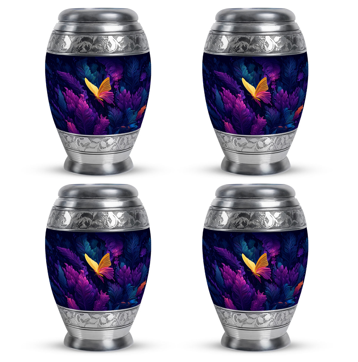 Soft Blue Butterfly Cremation Urn urn with complimentary velvet bag - royal butterfly engraving with decorative scrollwork - 10 inch aluminum urn for cremated remains